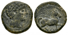 Kese. Half unit. 220-200 BC. Tarragona. (Abh-2310). (Acip-1180). Anv.: Male head right, rudder behind. Rev.: Horse trotting right, below and between l...