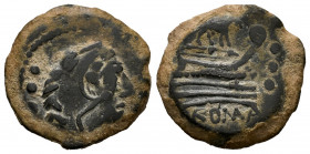 Anonymous. Cuadrante. 169-158 a.C. Rome. (Craw-195/4). (Sydenham-298c). Anv.: Head of Hercules right, wearing lion's skin; behind, three pellets. Rev....
