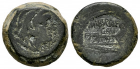 Aburius. Cuadrante. 134 a.C. Rome. (Craw-244/3). (BMCRR Rome-1002). Anv.: Head of Hercules to right, wearing lion skin, club below; ••• (mark of value...