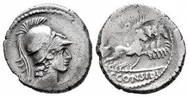 Considius. C. Considius Paetus. Denarius. 46 BC. Rome. (Ffc-588). (Craw-465/5). (Cal-455). Anv.: Bust of Minerva right, wearing Corinthian helmet. Rev...