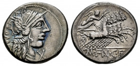 Fannius. Mareius Fannius C.f. Denarius. 123 BC. Auxiliary mint of Rome. (Ffc-705). (Craw-275/1). (Cal-576). Anv.: Head of Roma right, X below chin, RO...