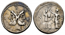 Furius. M. Furius L.f. Philus. Denarius. 119 BC. Central Italy. (Ffc-730). (Craw-281/1). (Cal-600). Anv.: M. FOVRI. L.F. around laureate head of Janus...