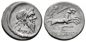 Junius. D. Junius Silanus L.f. Denarius. 91 BC. Rome. (Ffc-781). (Craw-337/1b). (Cal-862). Anv.: Mask of Silenus right, bearded and with pine-wreath, ...