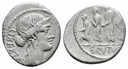 Junius. Q. Caepio Brutus. Denarius. 54 BC. Rome. (Ffc-794). (Craw-433/1). (Cal-873). Anv.: LIBERTAS behind head of Liberty right. Rev.: The consul L. ...