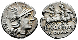 Lucretius. Cnaeus Lucretius Trio. Denarius. 136 BC. Rome. (Ffc-822). (Craw-237/1). (Cal-910). Anv.: TRIO behind head of Roma right, X below chin. Rev....