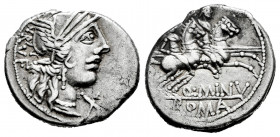 Minucius. Q. Minucius Rufus. Denarius. 122 BC. Auxiliary mint of Rome. (Ffc-920). (Craw-277/1). (Cal-1022). Anv.: Head of Roma right, X beneath chin. ...