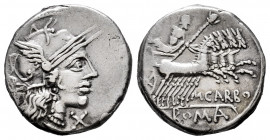 Papirius. Marcius Papirius Carbo. Denarius. 121 BC. Auxiliary mint of Rome. (Ffc-959). (Craw-276/1). (Cal-1063). Anv.: Head of Roma right, X below chi...