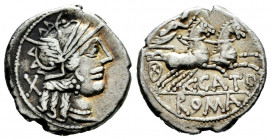 Porcius. C. Porcius Cato. Denarius. 123 BC. Auxiliary mint of Rome. (Ffc-1050). (Craw-274/1). (Cal-1196). Anv.: Head of Roma right, X behind. Rev.: Vi...