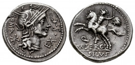 Sergius. M. Sergius Silus. Denarius. 116-115 BC. Norte de Italia. (Ffc-1111). (Craw-286/1). (Cal-1271). Anv.: Head of Roma right, EX. S.C. before, ROM...