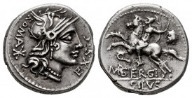 Sergius. M. Sergius Silus. Denarius. 116-115 BC. Norte de Italia. (Ffc-1112). (Craw-286/1). (Cal-1272). Anv.: Head of Roma right. EX. S.C. before, ROM...