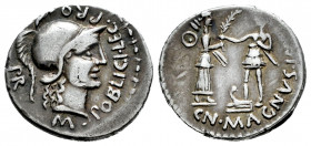 Pompeius Magnus. Cn. Pompeius Magnus y M. Poblicius. Denarius. 46-45 a.C. Hispania. (Ffc-1). (Craw-469/a). (Cal-1146). Anv.: M. POBLICI. LE(G. PRO.) P...