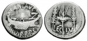 Mark Antony. Denarius. 32-31 BC. Mint moving. (Ffc-35). (Craw-544/17). (Cal-182). Anv.: ANT. AVG. III. VIR. R.P.C. praetorian galley right. Rev.: LEG....