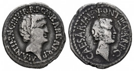 Marco Antonio y Augusto. M. Barbatius Philippus. Denarius. 41 BC. Mint moving. (Ffc-8). (Craw-517/2). (Cal-271). Anv.: M. ANT. IMP. AVG. lll VIR. R.P....
