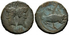 Augustus and Agrippa. Unit. 10 a.C.-10 d.C. Nemausus, Gaul. (Ric-I 158). (Rpc-I 524). (AMC-425). Anv.: Back to back laureate and rostral crowned head ...