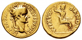 Tiberius. Aureus. 14-37 d.C. Lugdunum. (Ric-I 29). (Bmcre-46). Anv.: TI CAESAR DIVI AVG F AVGVSTVS, laureate head to right. Rev.: PONTIF MAXIM, Livia,...