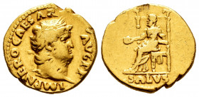 Nero. Aureus. 66-68 AD. Rome. (Ric-unlisted). (Cal-444). (Ch-315). Anv.: IMP NERO CΛESΛR ΛVG P P, laureate head right. Rev.: SALVS, draped, seated lef...