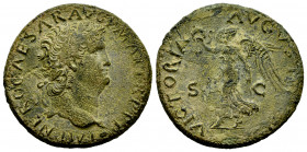 Nero. Dupondius. 66 AD. Rome. (Ric-I 522). (Bmcre-353). Anv.: IMP NERO CAESAR AVG P MAX TR P P P, laureate head to right, globe at point of bust. Rev....
