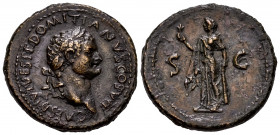 Domitian. Unit. 80-81 AD. Rome. (Ric-349). Anv.: CAES DIVI VESP F DOMITIANVS COS VII. Laureated head right. Rev.: S - C. Spes with flower at left. Ae....