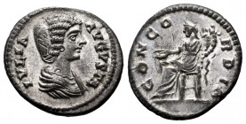 Julia Domna. Denarius. 196-202 AD. Laodicea. (Ric-637). (Rsc-21). Anv.: IVLIA AVGVSTA, draped bust right. Rev.: CONCORDIA, Concordia seated left, hold...