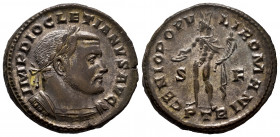 Diocletian. Follis. 303-305 AD. Trier. (Ric-VI 582a). Anv.: IMP DIOCLETIANVS AVG, laureate and cuirassed bust to right. Rev.: GENIO POPVLI ROMANI, Gen...