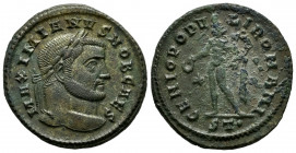 Galerius. Follis. 298-299 AD. Ticinum. (Ric-35b). Anv.: IMP C MAXIMIANVS P F AVG, laureate head of Maximianus Herculius right. Rev.: GENIO POPVLI ROMA...