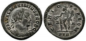 Maximino II. Follis. 307 AD. Trier. (Ric-720a). Anv.: GAL VAL MAXIMINVS NOB C, laureate and cuirassed bust right. Rev.: GENIO POP ROM, Genius standing...