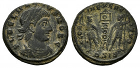 Delmatius. Follis. 335-336 AD. Siscia. (Ric-256). Anv.: FL DELMATIVS NOB C Laureate, draped and cuirassed bust to right. Rev.: GLORIA EXERCITVS. Two s...