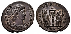 Constans. Follis. 348-350 AD. Trier. (Ric-103). Anv.: CONSTANS P F AVG, pearl-diademed, draped and cuirassed bust right. Rev.: GLORIA EXERCITVS, two s...