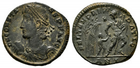 Constans. Centenionalis. 348-350 AD. Antioch. (Ric-VIII 126). Anv.: D N CONSTANS P F AVG, pearl-diademed, draped and cuirassed bust to left, holding g...