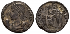 Constantius II. Centenionalis. 348-351 AD. Nicomedia. (Ric-VIII 67). (LRBC-2289). Anv.: D N CONSTANTIVS P F AVG. Pearl-diademed, draped, and cuirassed...