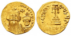 Heraclius, with Heraclius Constantine. Solidus. 629-631 AD. Constantinople. (Sear-749). (Doc-26a). Anv.: ∂∂ NN ҺЄRACLIЧS ЄƮ ҺЄRA CONSƮ P P AVG, facing...