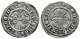 Catholic Kings (1474-1504). 1/2 real. Burgos. (Cal-190). Anv.: + BET : D : G : REX : ET : REGINA (Ermine). Rev.: + FERNANDVS : ET : HELISA. Ag. 1,65 g...