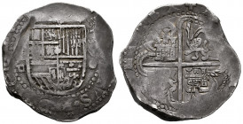 Philip II (1556-1598). 8 reales. 1590. Sevilla. (Cal-728). Ag. 27,38 g. Vertical date to the right of shield. Toned. Scarce. Almost VF. Est...300,00. ...