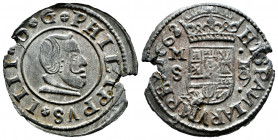 Philip IV (1621-1665). 16 maravedis. 1663. Madrid. S. (Cal-475). (Jarabo-Sanahuja-M380). Ae. 3,80 g. Striking error. Original silvering. AU/XF. Est......