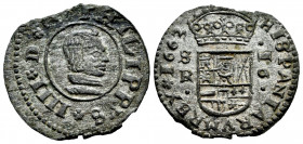 Philip IV (1621-1665). 16 maravedis. 1663. Sevilla. R. (Cal-497). (Jarabo-Sanahuja-M613). Ae. 3,89 g. Planchet break. Original silvering. Choice VF. E...