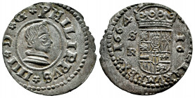 Philip IV (1621-1665). 16 maravedis. 1664. Sevilla. R. (Cal-498). (Jarabo-Sanahuja-M622). Ae. 3,23 g. Struck lightly displaced. Original silvering. XF...
