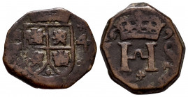 Charles II (1665-1700). 4 maravedis. 1691. Orán. (Cal-119). (Jarabo-Sanahuja-Q-08). Ae. 6,55 g. Struck to trade with Oran. Rare. VF. Est...100,00. 
...