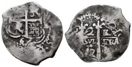 Charles II (1665-1700). 2 reales. 1667. Potosí. E. (Cal-383). Ag. 4,88 g. Double date. Choice F. Est...60,00. 

Spanish Description: Carlos II (1665...