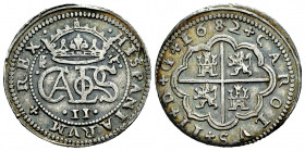 Charles II (1665-1700). 2 reales. 1682. Segovia. M. (Cal-442). Ag. 7,06 g. Slight old cabinet tone. Minor marks. Scarce. Choice VF. Est...250,00. 

...