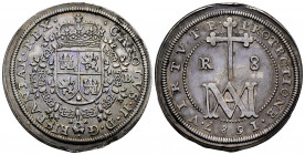 Charles II (1665-1700). 8 reales. 1687. Segovia. BR (Bernardo Pedrera). (Cal-774). Ag. 21,46 g. "Maria" type. Hairlines. Toned. Rare. Almost XF/XF. Es...
