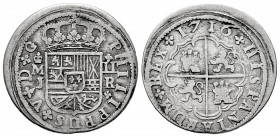 Philip V (1700-1746). 2 reales. 1716. Madrid. J. (Cal-769 var). Ag. 4,84 g. Error in the legend PHIIIPPUS, instead of PHILIPPUS. Rare. VF/Almost VF. E...