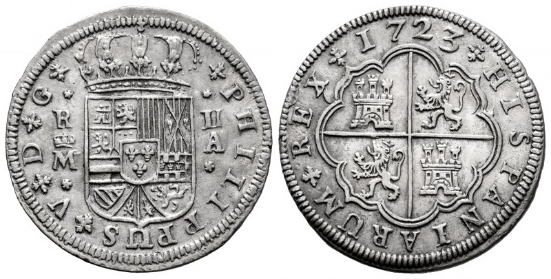 Philip V (1700-1746). 2 reales. 1723. Madrid. A. (Cal-777). Ag. 5,08 g. Choice V...