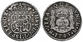 Philip V (1700-1746). 2 reales. 1745. Mexico. M. (Cal-833). Ag. 6,56 g. Scarce. VF. Est...120,00. 

Spanish Description: Felipe V (1700-1746). 2 rea...