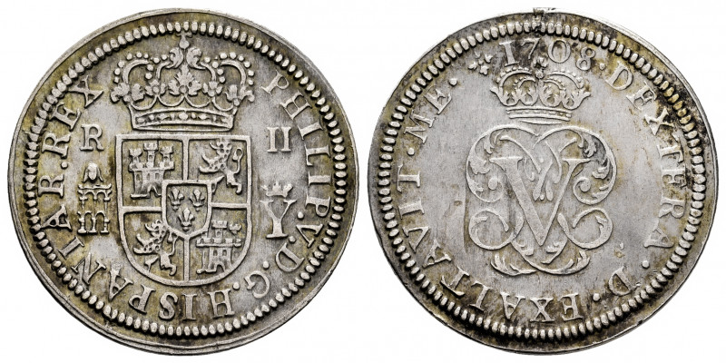 Philip V (1700-1746). 2 reales. 1708. Segovia. Y. (Cal-940). Ag. 5,40 g. Right p...