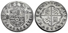 Philip V (1700-1746). 2 reales. 1718. Segovia. J. (Cal-945). Ag. 5,90 g. Aqueduct with one row of two arches. Light wavy flan. Choice VF. Est...150,00...