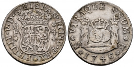 Philip V (1700-1746). 4 reales. 1746. Mexico. MF. (Cal-1133). Ag. 13,20 g. Tarces of mounting. Choice VF. Est...250,00. 

Spanish Description: Felip...