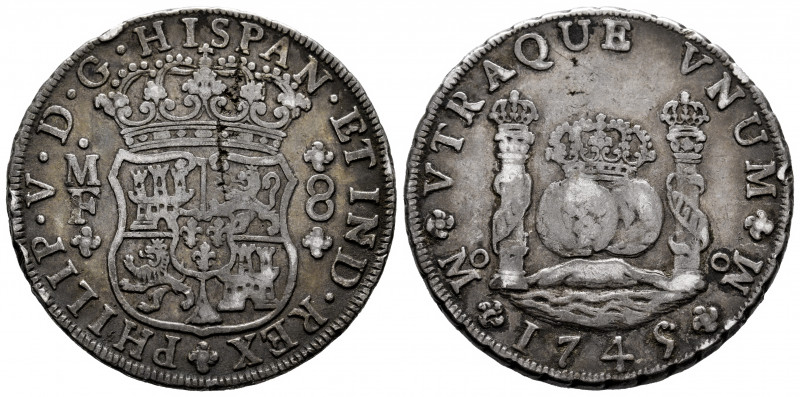 Philip V (1700-1746). 8 reales. 1745. Mexico. MF. (Cal-1468). Ag. 26,61 g. Strik...