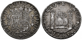 Philip V (1700-1746). 8 reales. 1745. Mexico. MF. (Cal-1468). Ag. 26,61 g. Striking defect on obverse. Minor nicks on edge. Toned. Almost VF. Est...35...