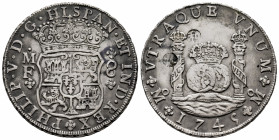 Philip V (1700-1746). 8 reales. 1745. Mexico. MF. (Cal-1468). Ag. 27,03 g. Chop marks. Choice VF. Est...500,00. 

Spanish Description: Felipe V (170...