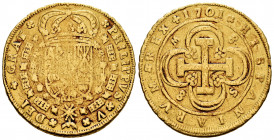 Philip V (1700-1746). 8 escudos. 1701. Sevilla. M. (Cal-2267). (Cal onza-466). Au. 26,70 g. "Cross" type. Mintmark, value 8 and assayer on reverse. Re...